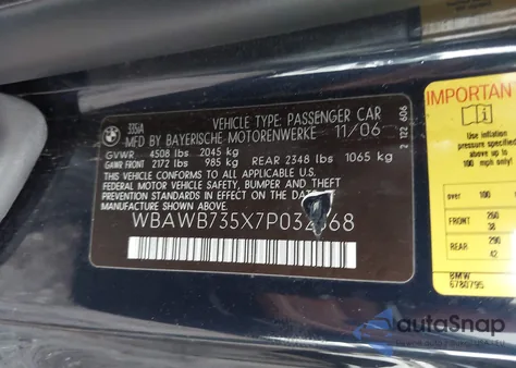 2007 BMW 335I from USA, damaged, VIN WBAWB735X7P032568